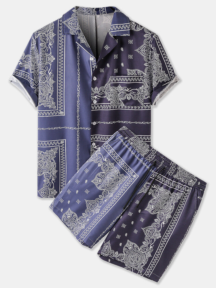 Mens Ethnic Print Patchwork Light Casual Short Sleeve Shirts Set With Pocket Mens Ethnic Print Patchwork Light Casual Short Sleeve Shirts Set With Pocket