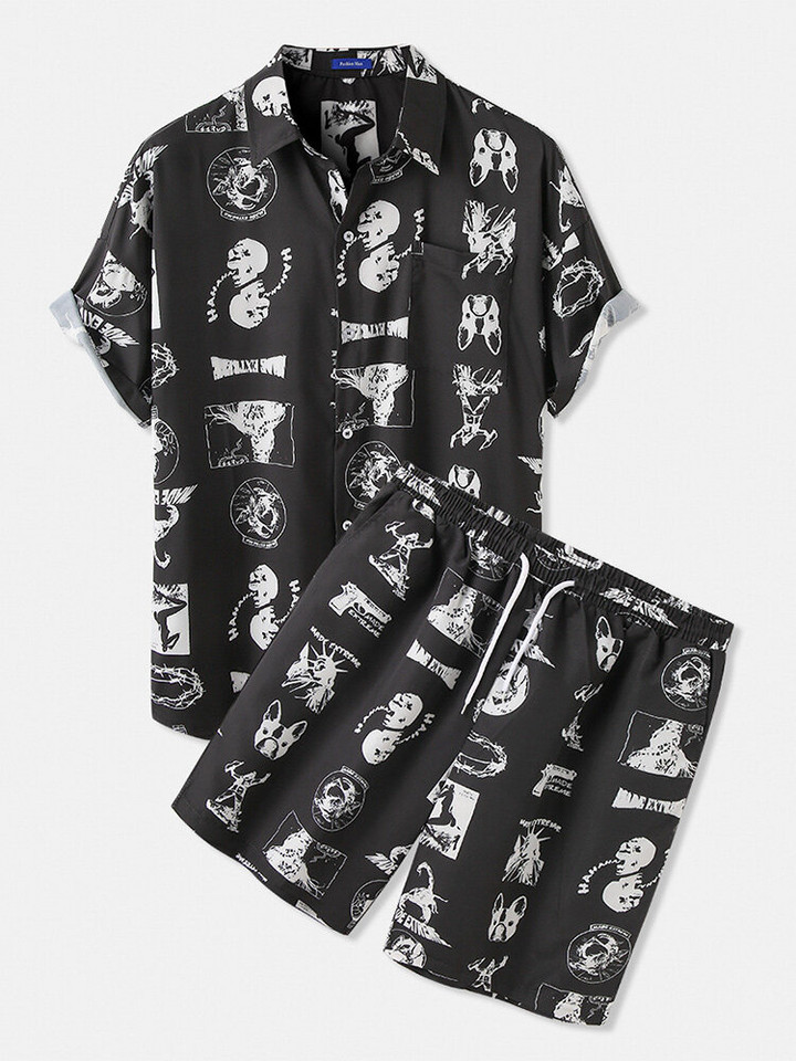 Mens Printed Loose Sets Short Sleeve Drawstring Shorts Holiday Two Pieces