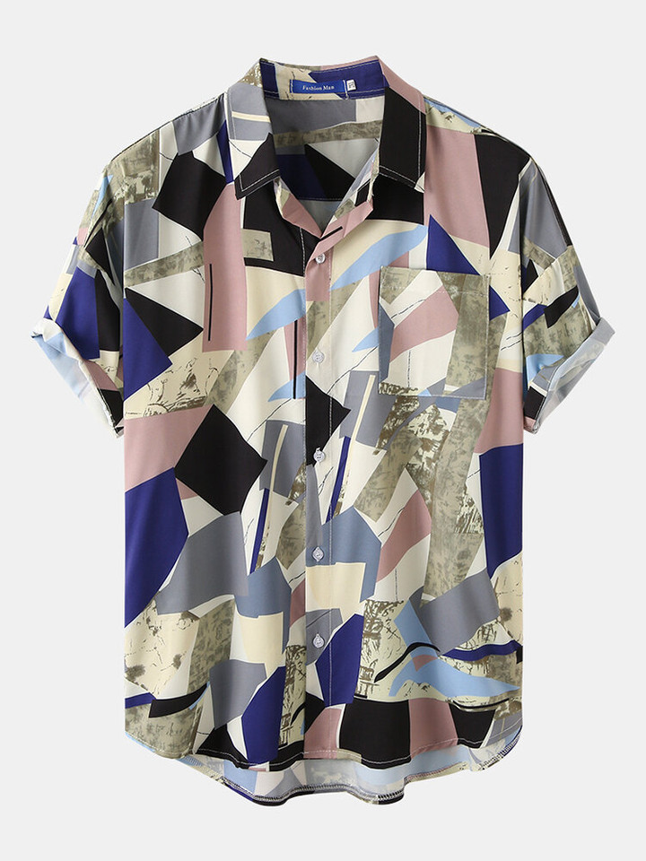 Mens Geometric Printed Sets Short Sleeve Drawstring Shorts Holiday Two Pieces