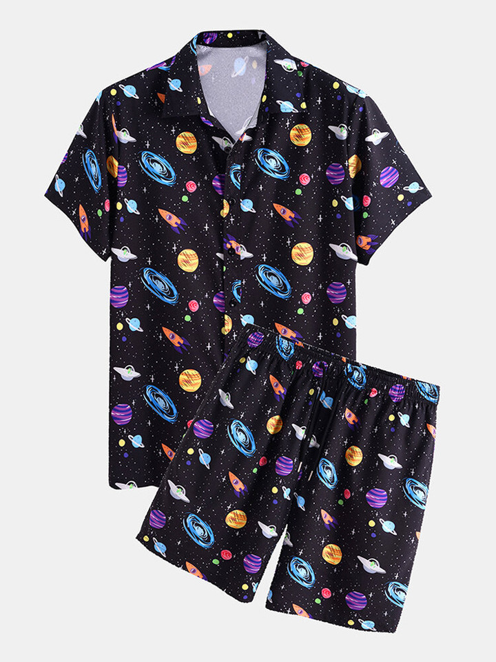 Mens Cartoon Space & Planet Print Light Casual Elastic Waist Two Pieces
