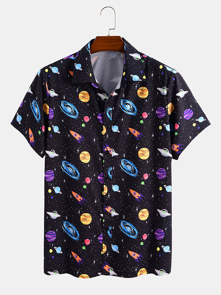 Mens Cartoon Space & Planet Print Light Casual Elastic Waist Two Pieces
