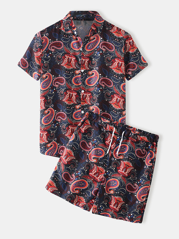 Mens Ethnic Paisley Print Casual Light Loose Lapel Collar Two Pieces Outfits