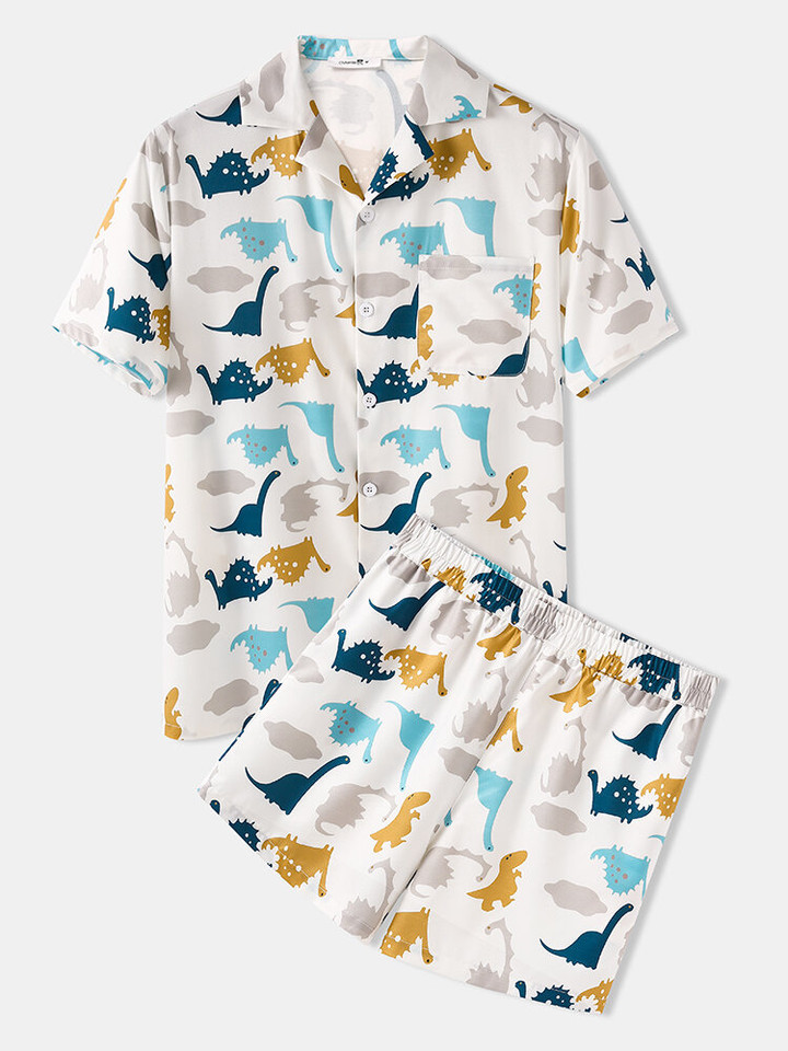 Cute Dinosaur Print Summer Thin Loungewear Sets Two Pieces Lapel Colla Short Sleeve Outfit Cute Dinosaur Print Summer Thin Loungewear Sets Two Pieces Lapel Colla Short Sleeve Outfit