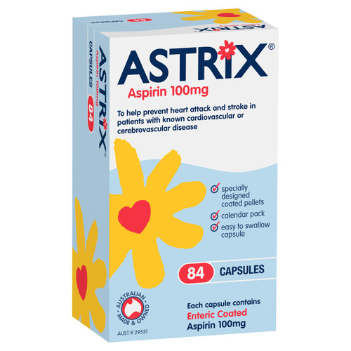 3D Front Package Image of Astrix Aspirin 100mg 84 Capsules at Pharmacy 4 Less.