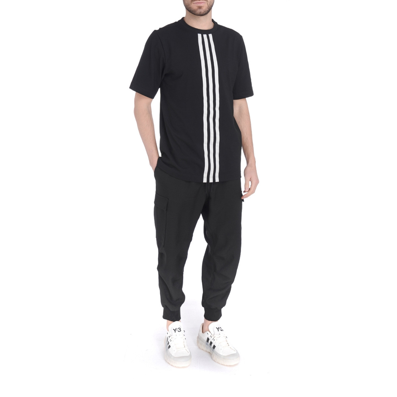 T-Shirt Y-3 black with white striped logo | H-Brands