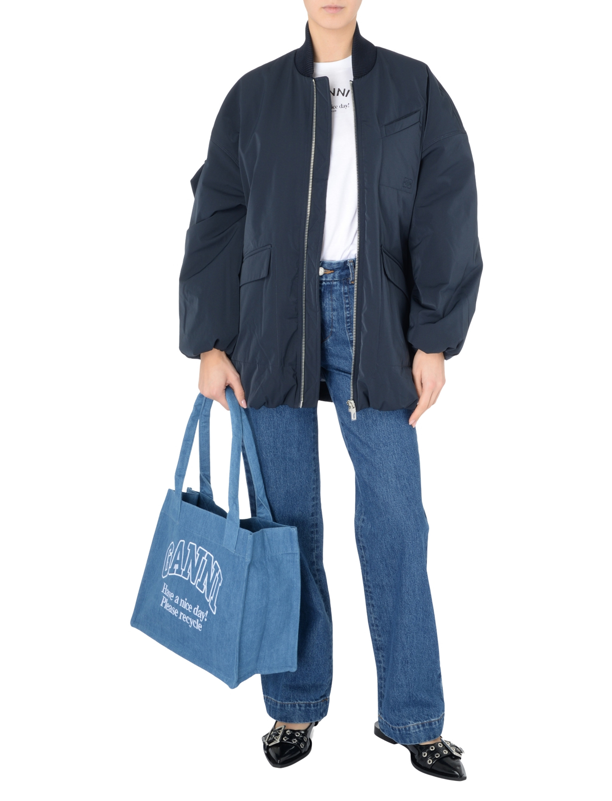 トートバッグ Ganni SS25 Logo embroidery denim shopping bag (A5599 630) Shopping Bag Ganni in light blue denim
