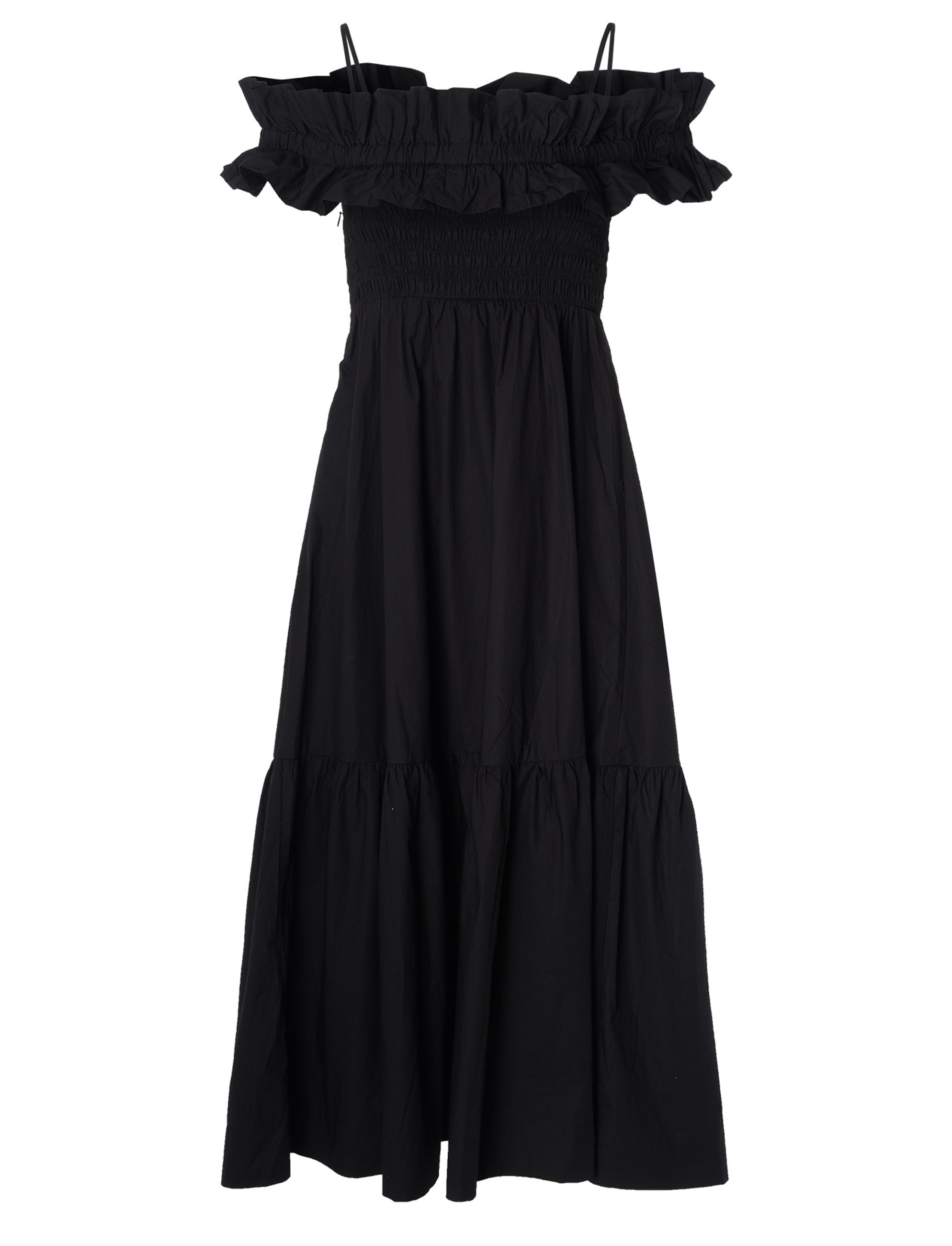 Ganni Vestido midi de algodón negro con volantes