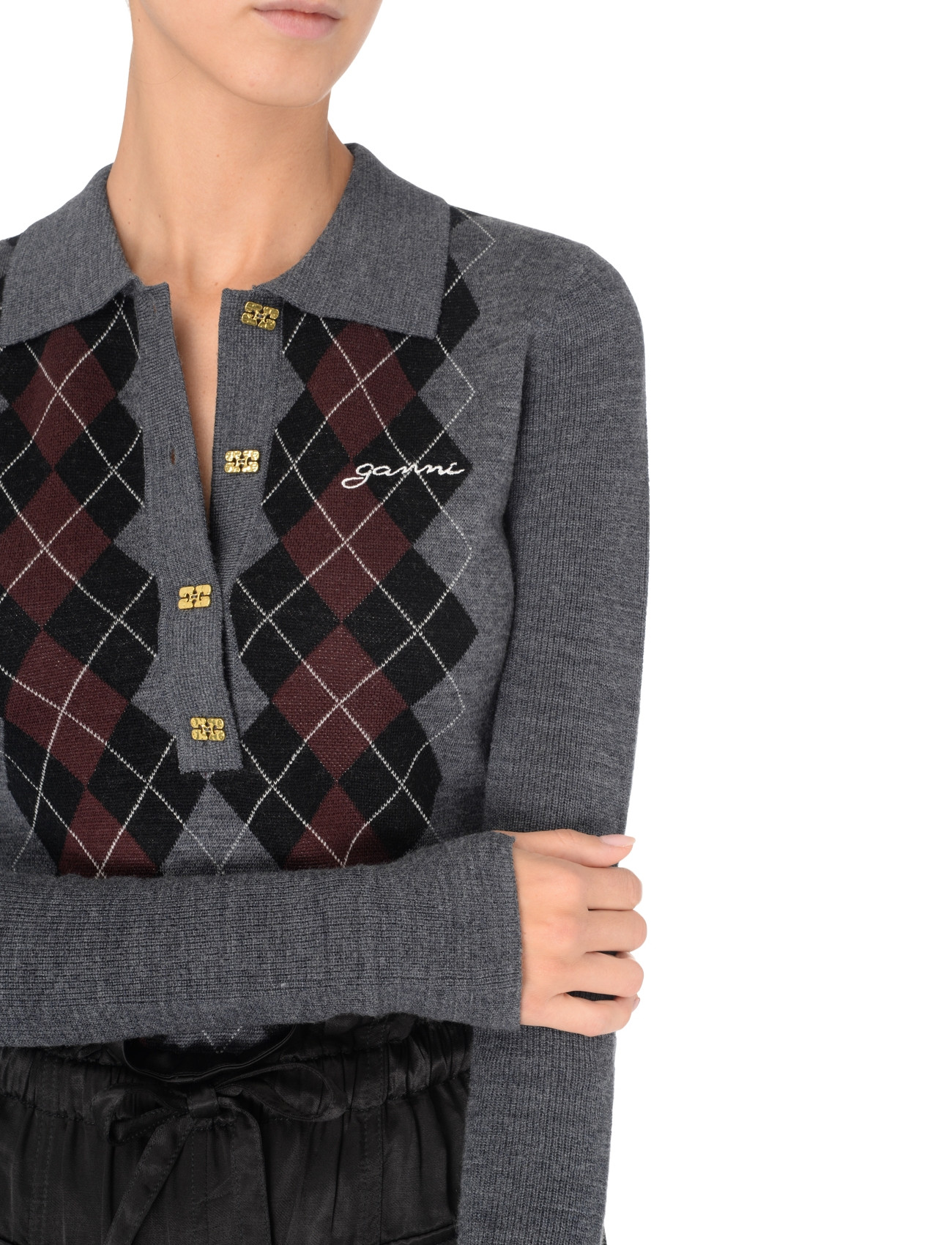 Ganni gray knit polo shirt