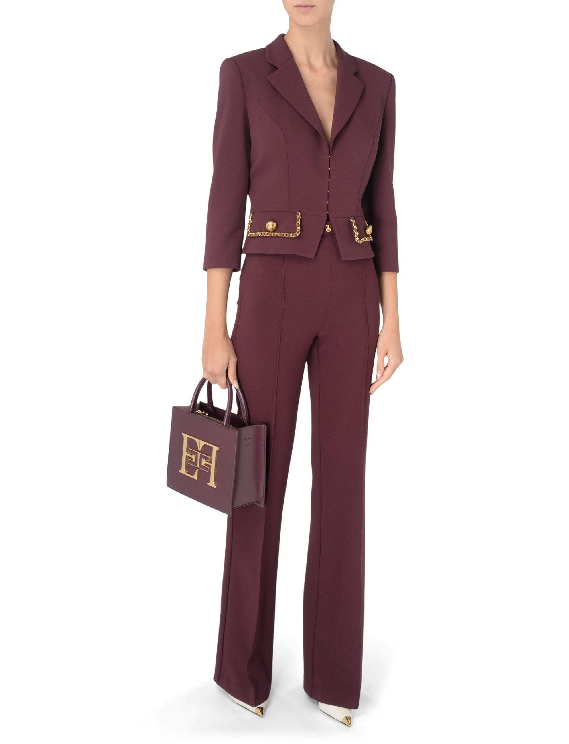 【ELISABETTA FRANCHI】フード付き ジャケット ショート丈 Short jacket Elisabetta Franchi in burgundy crepe
