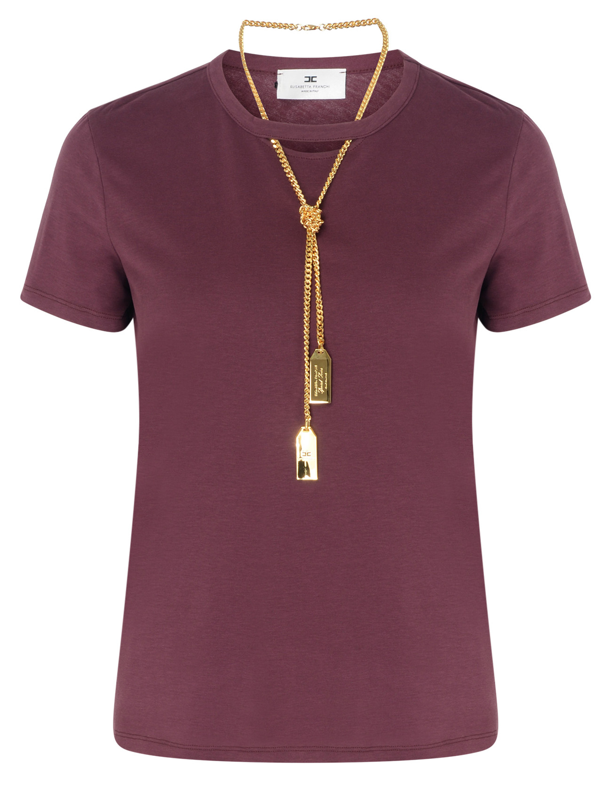 Elisabetta Franchi リボンネックレス付 Tシャツ T shirt Elisabetta Franchi in jersey bordeaux con collana