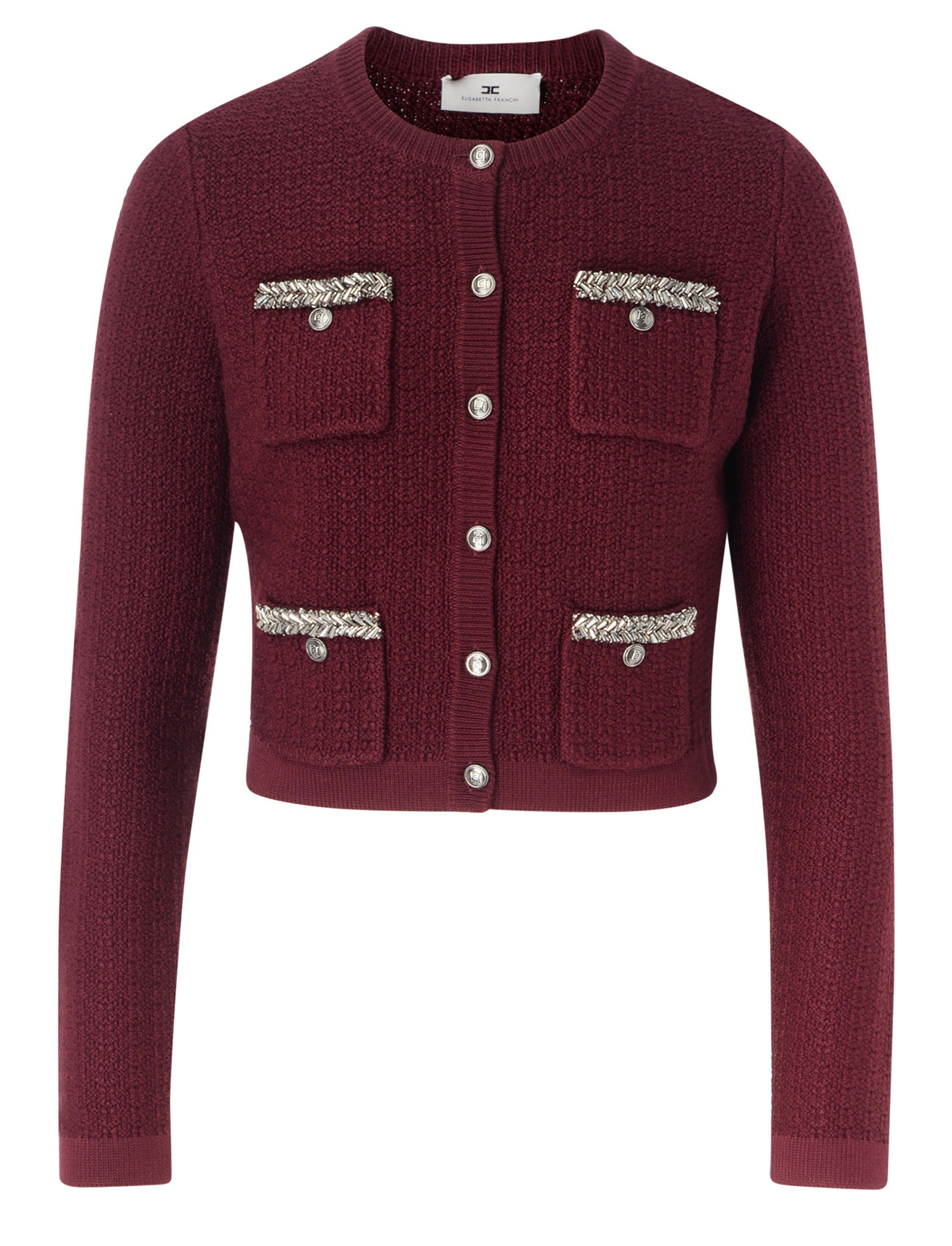 Cardigan Elisabetta Franchi in lana bouclé bordeaux
