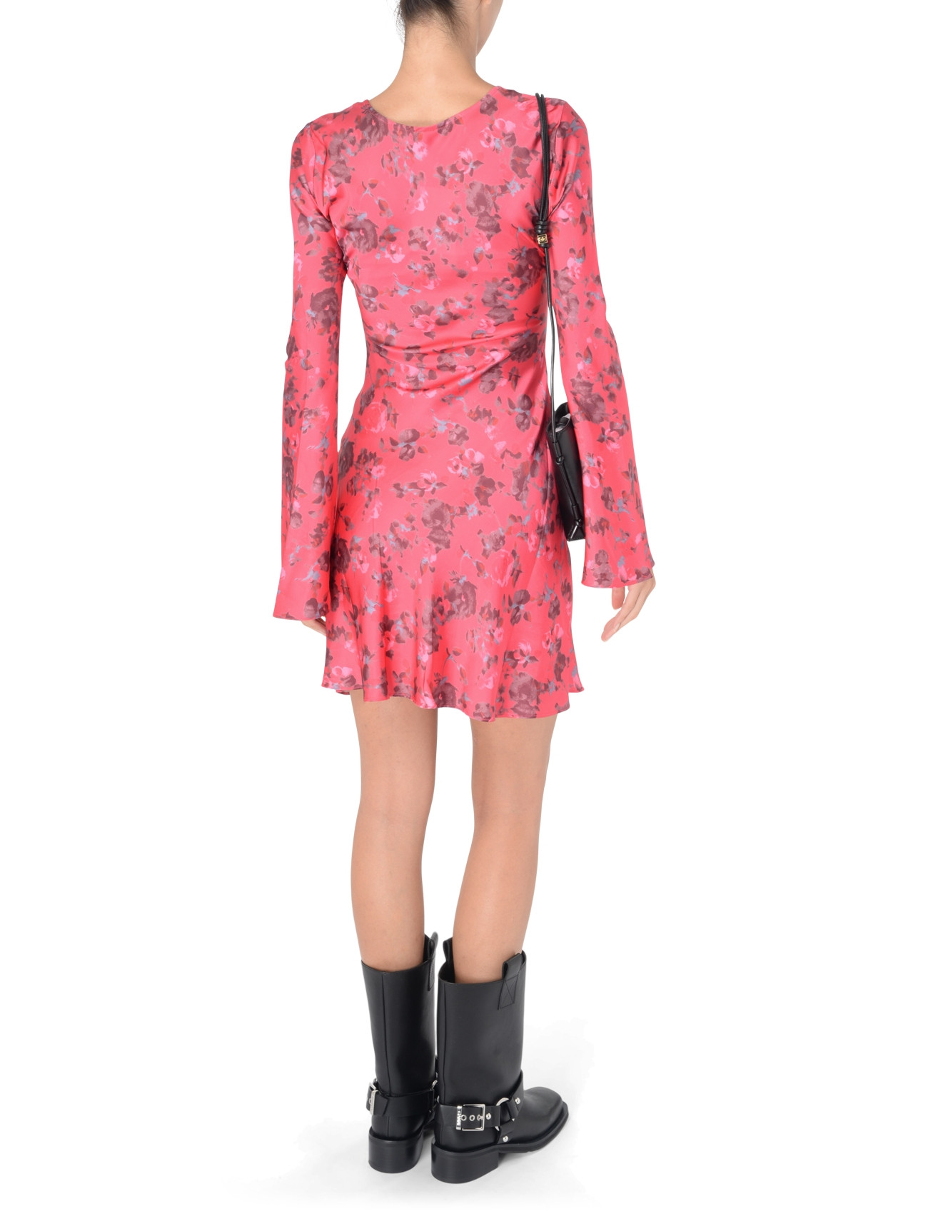 Ganni mini dress in fuchsia satin with floral print