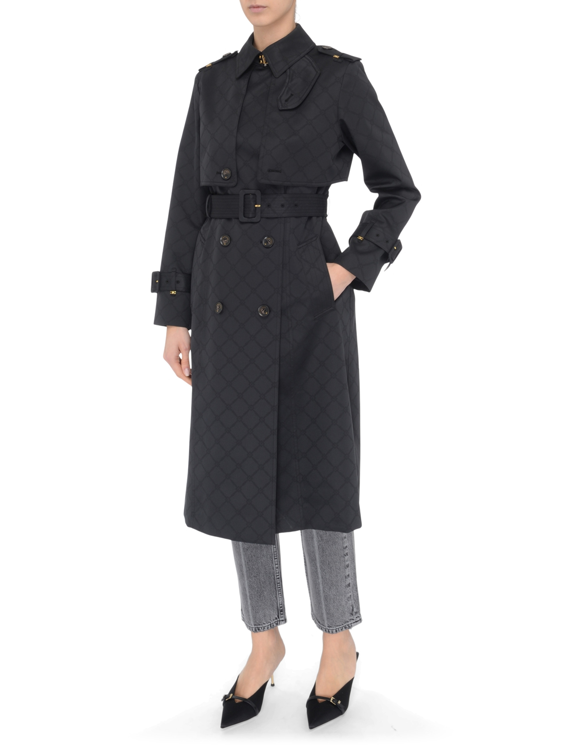 【すぐ届く】ELISABETTA FRANCHI 紋章付き コットン コート Elisabetta Franchi trench coat in black technical fabric | H