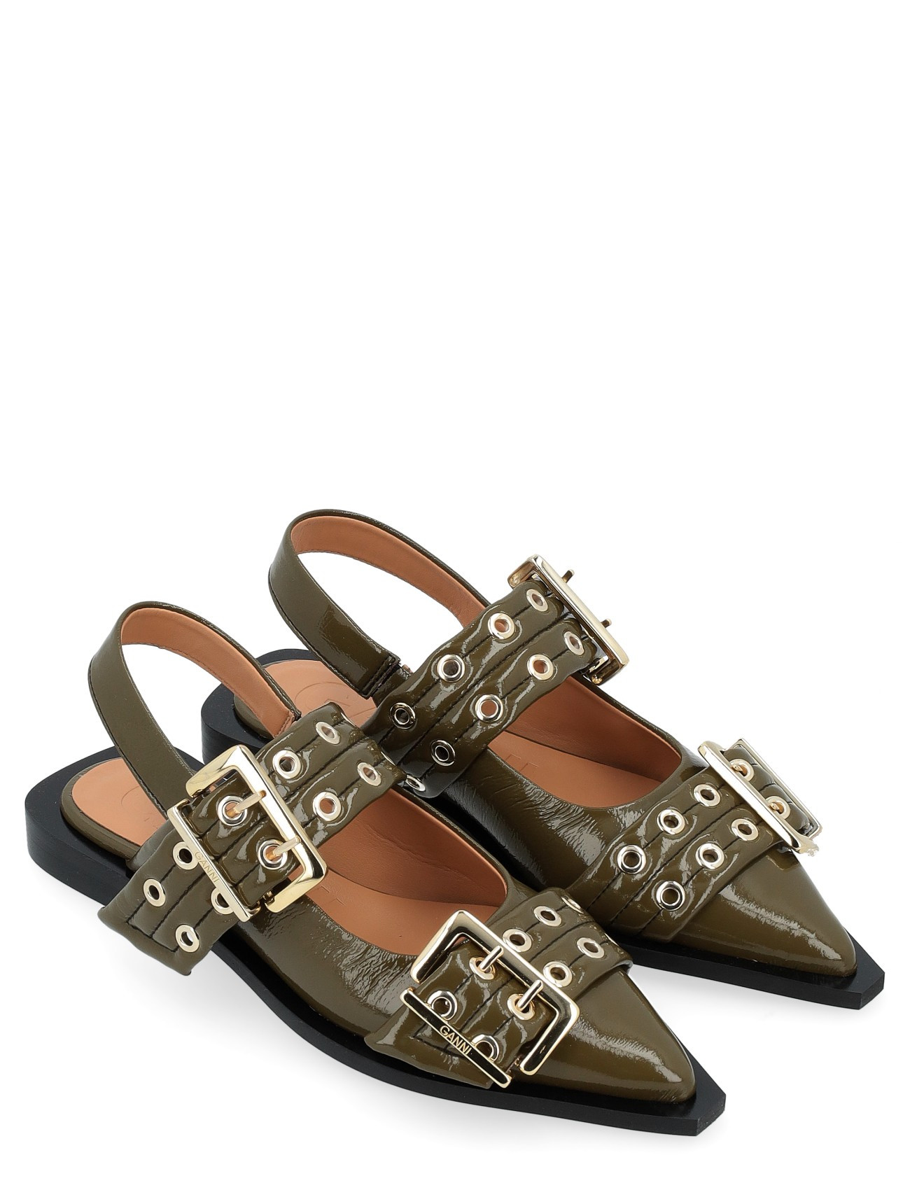 Ganni Buckle vegan leather flats in green | H-Brands