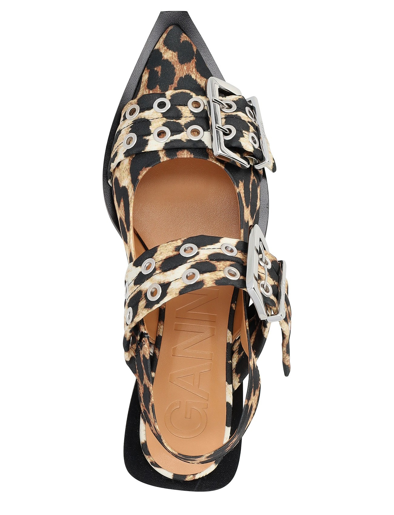 Ganni Feminine Buckle Ballerina in Leopard Satin | H-Brands
