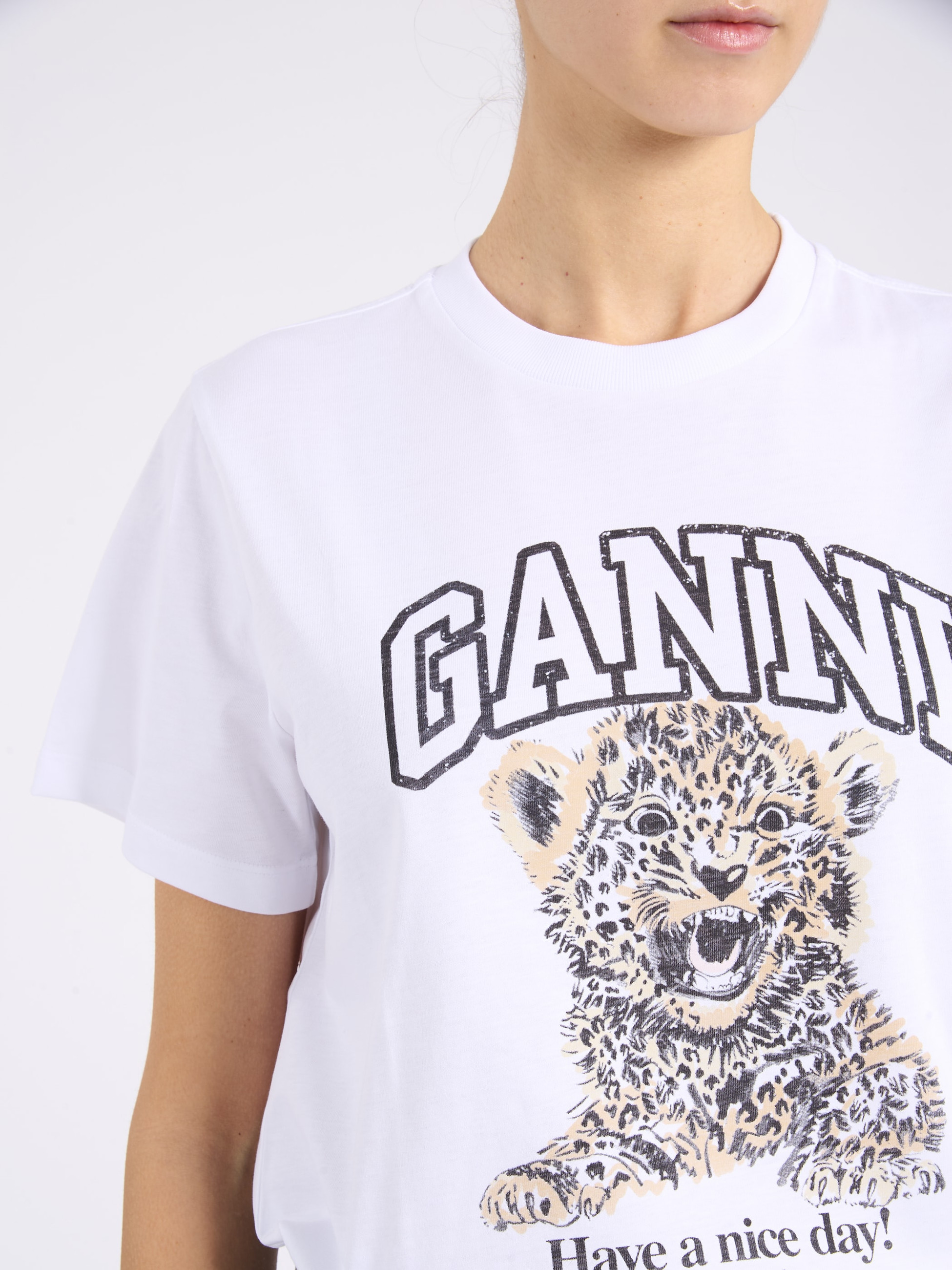 Ganni Leopard T-shirt in white cotton | H-Brands