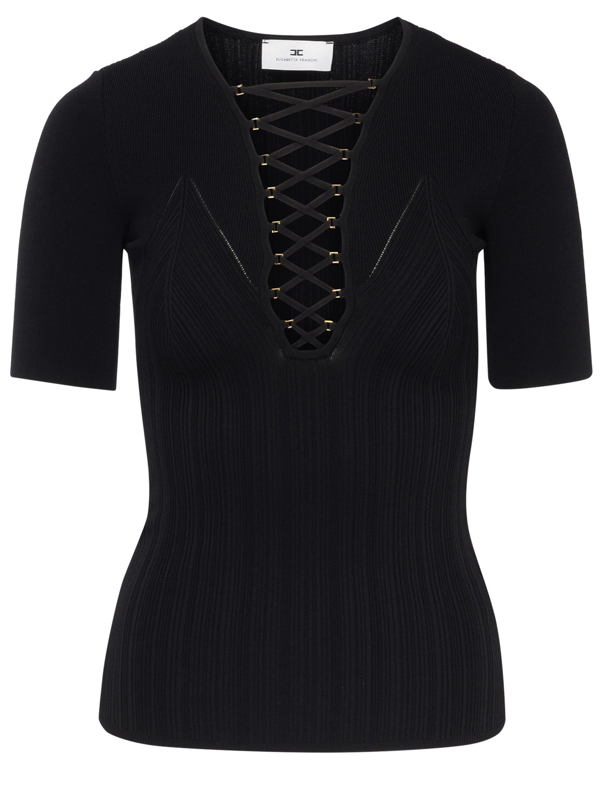 ELISABETTA FRANCHI 胸ポケットロゴ リブ ニット トップス Top in ribbed knit fabric with jewel logo | Elisabetta Franchi