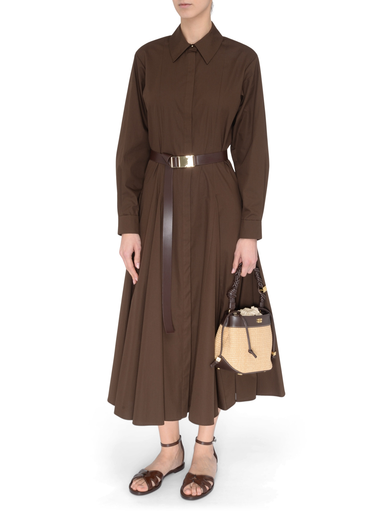 max brown dress Drina Pleated Waist Long Sleeve Linen & Silk Dress (Women)