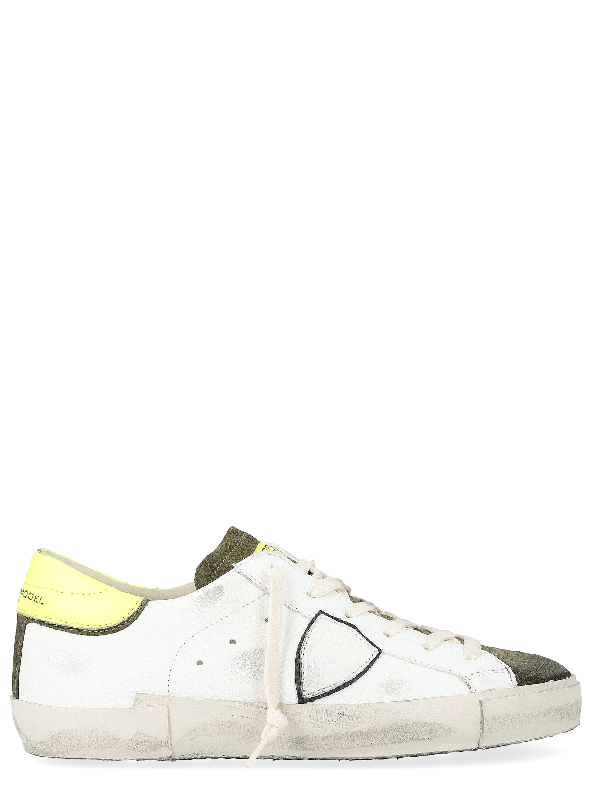 Philippe Model Sneakers in White, Green, and Neon Yellow Leather