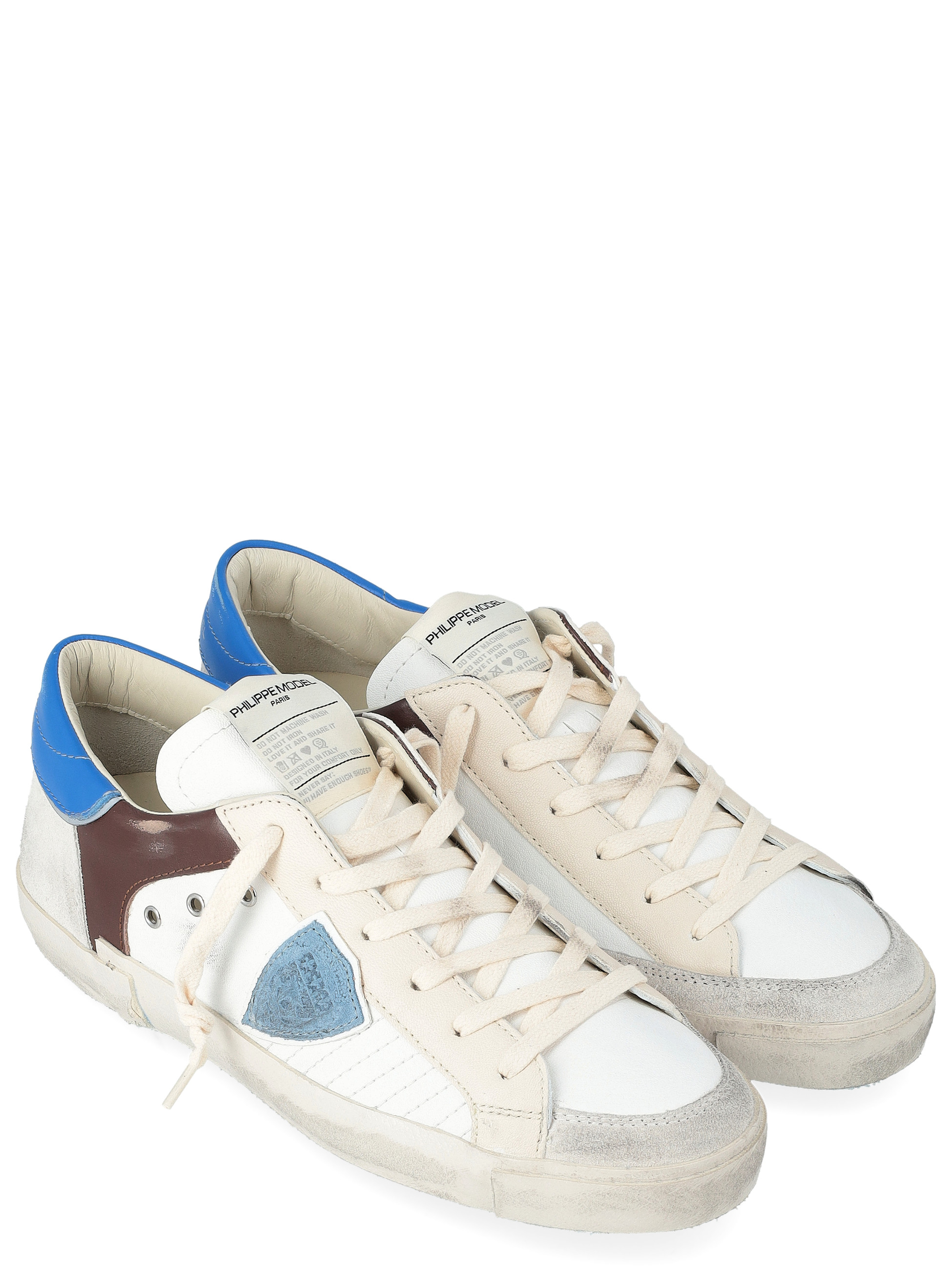 Philippe Model Sneakers in White, Brown, and Light Blue Leather