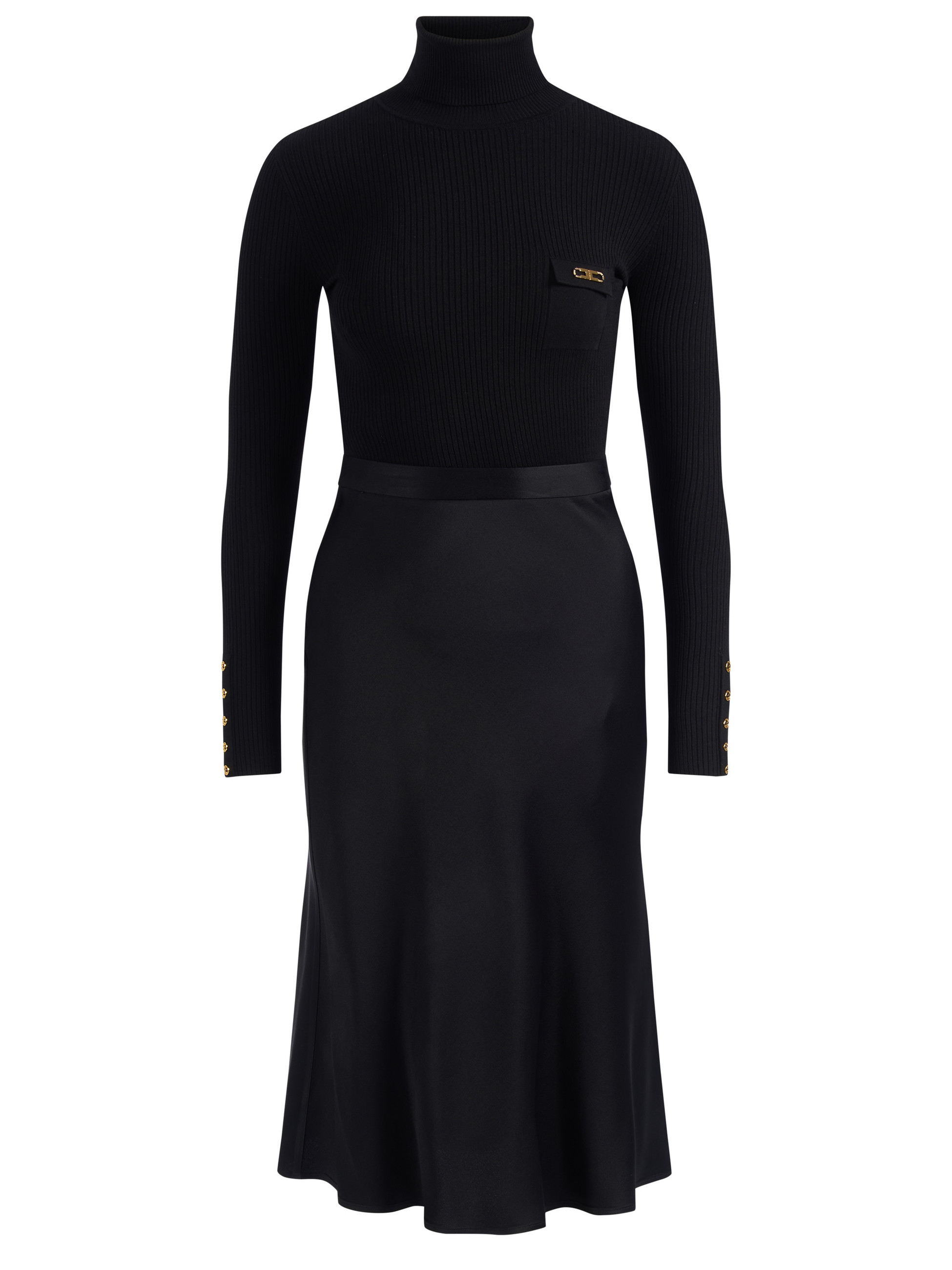 Vestido Elisabetta Franchi de punto canalé y satén negro Vestido Elisabetta Franchi de punto canalé y satén negro