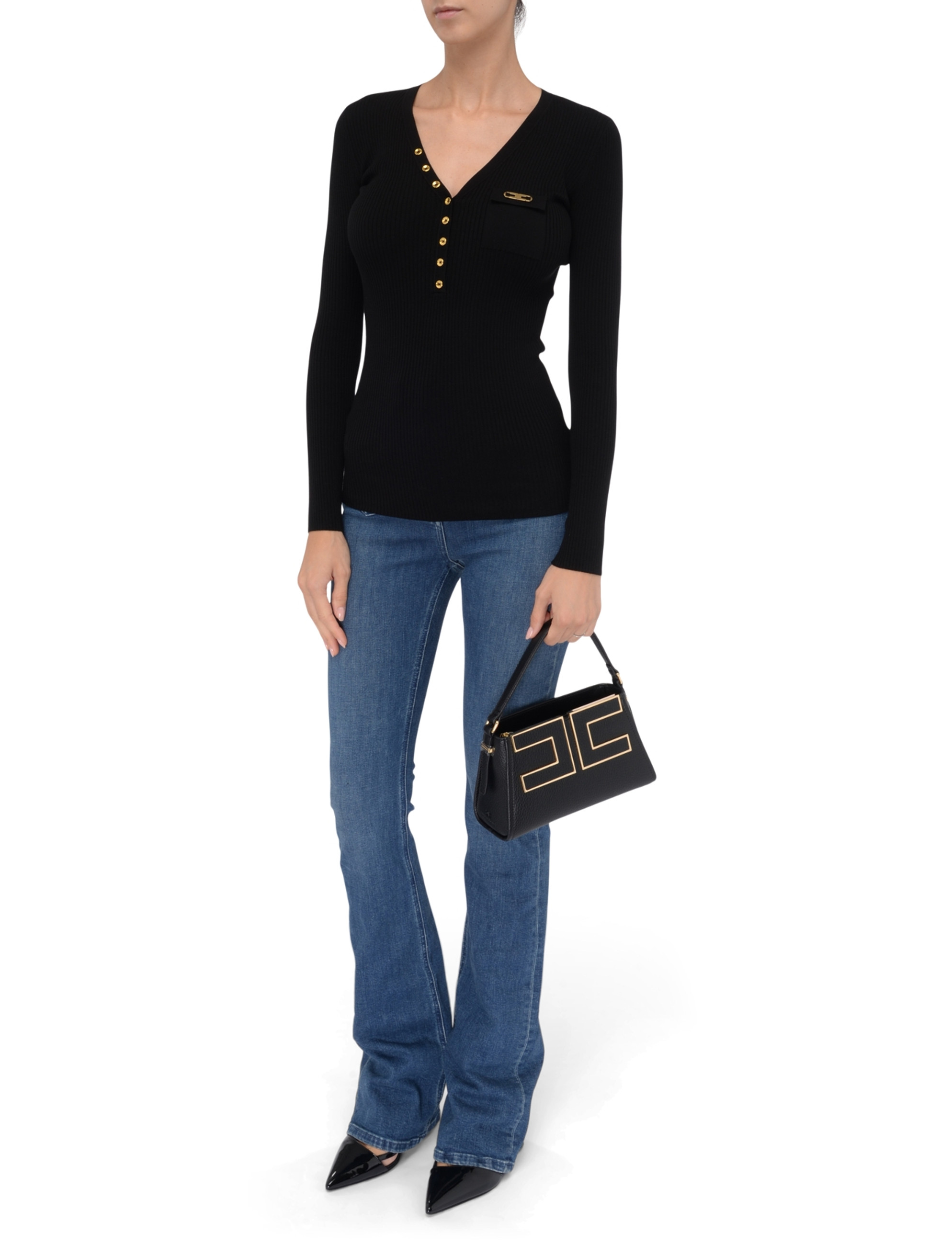 ELISABETTA FRANCHI 胸ポケットロゴ リブ ニット トップス Elisabetta Franchi black ribbed sweater with pocket | H-Brands