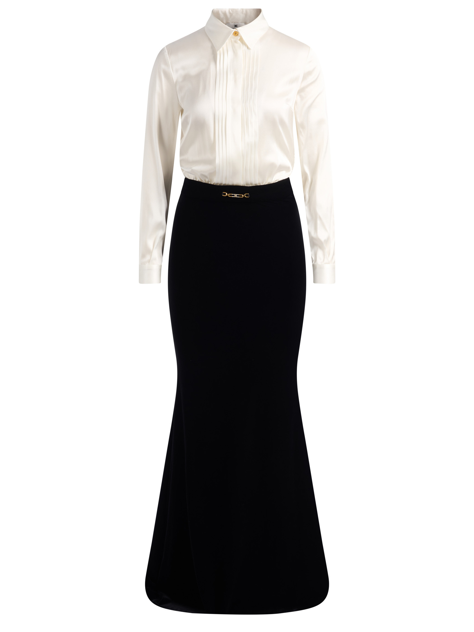 Elisabetta Franchi Carpet dress in ivory and black satin and