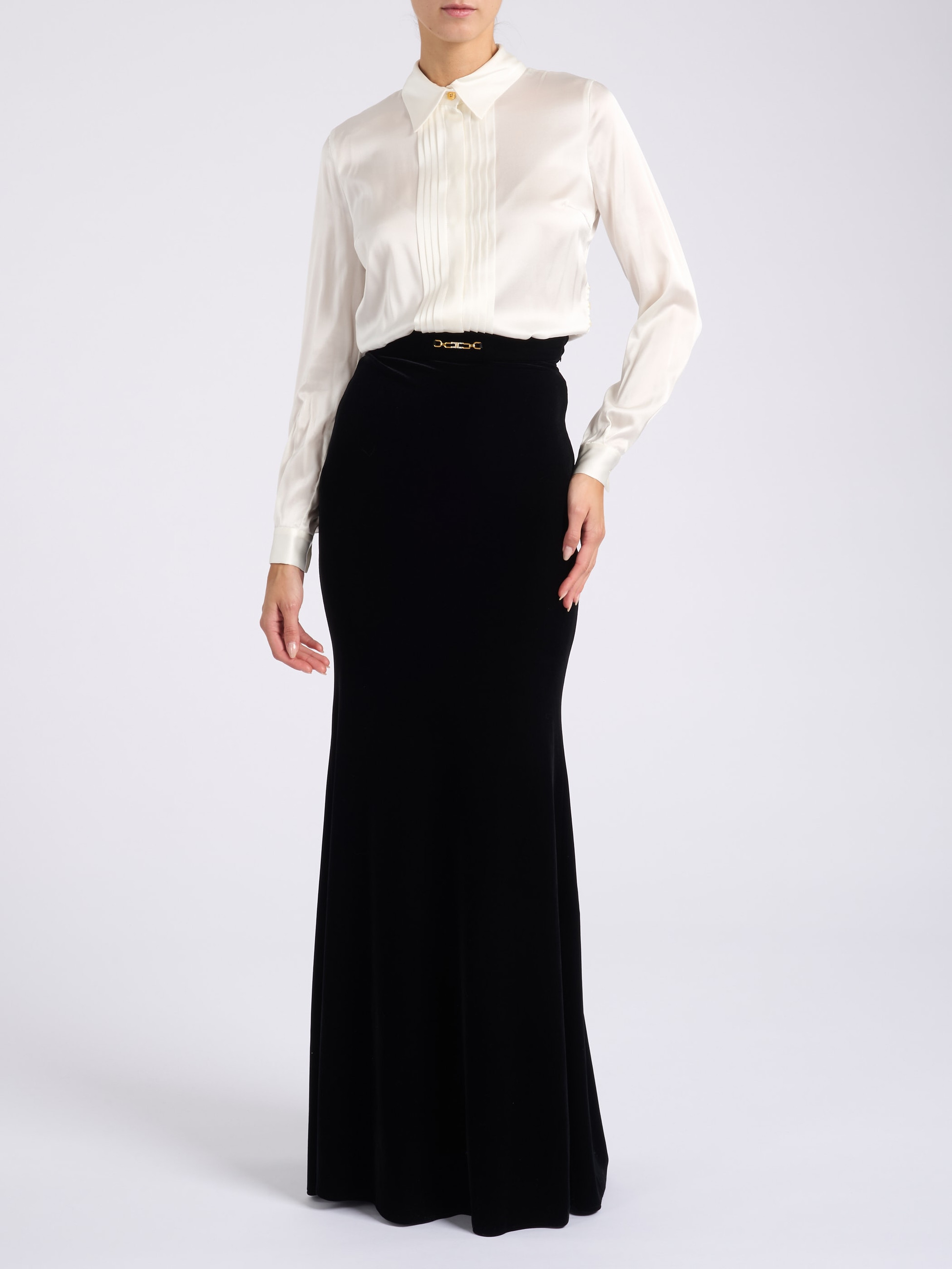 Elisabetta Franchi Carpet dress in ivory and black satin and