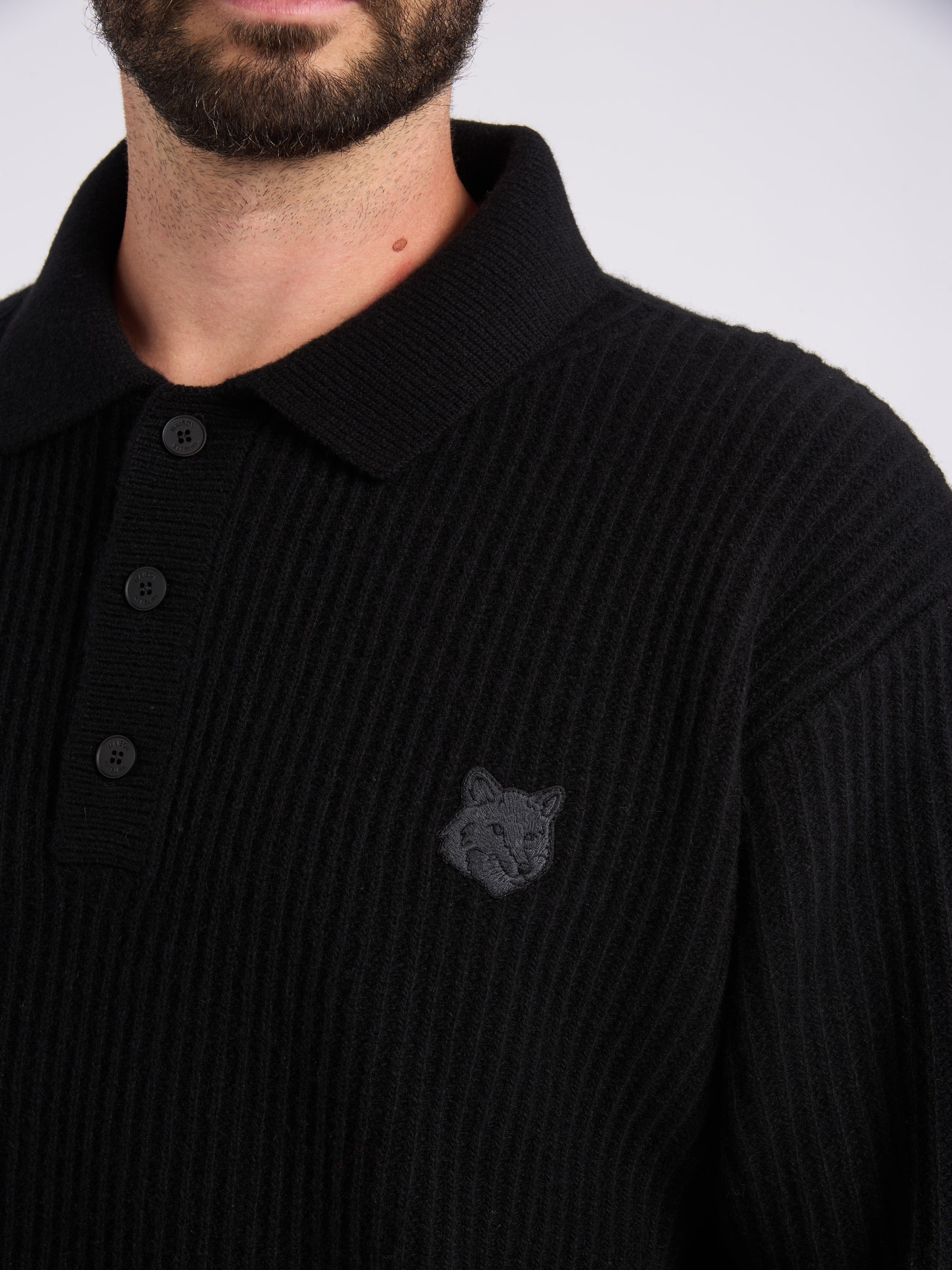 MAISON KITSUNÉ ブラック ニットポロ S Maison Kitsuné black ribbed Maison Kitsuné polo shirt | H-Brands