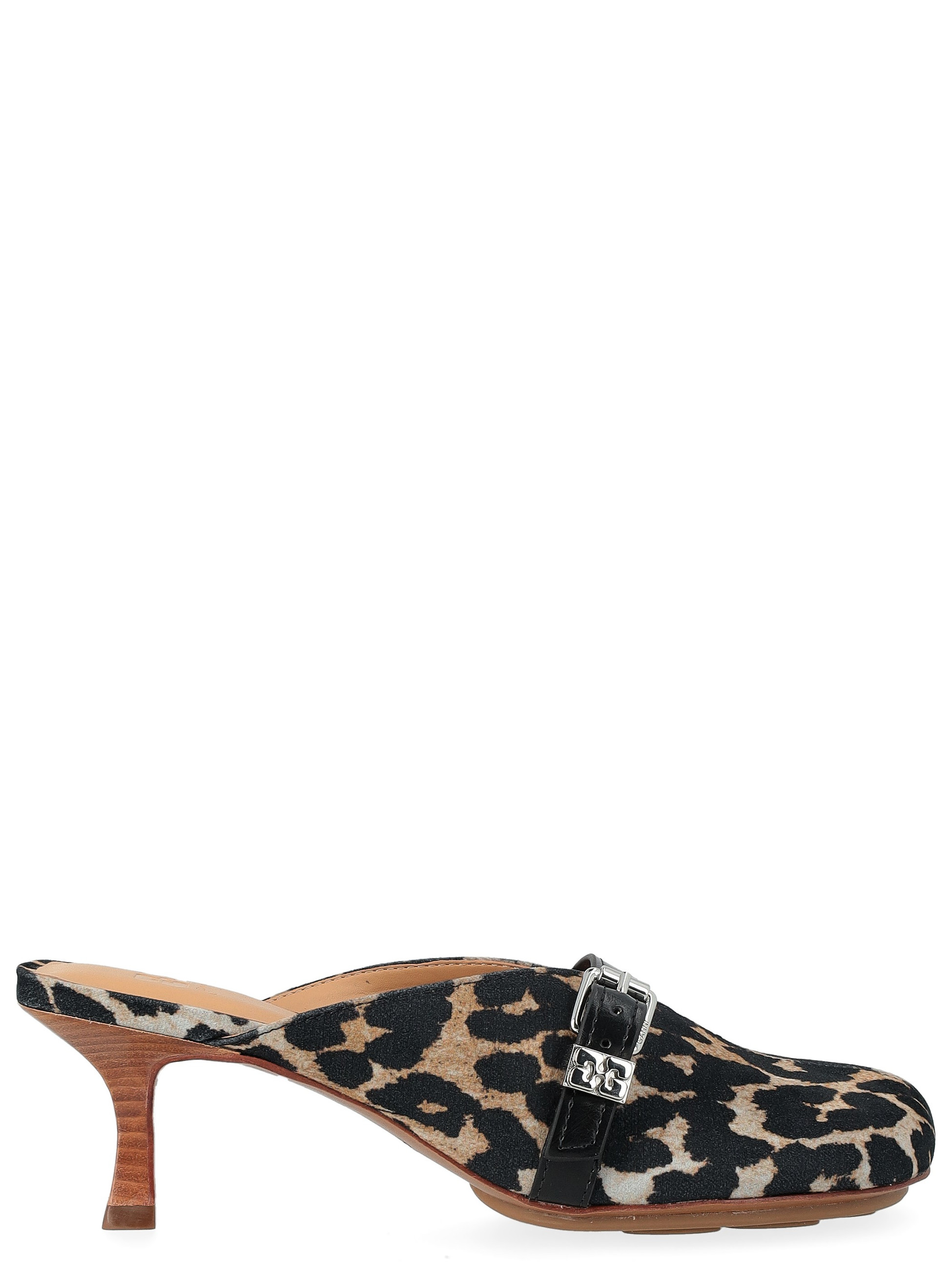 Mules con tacón Ganni en tejido de leopardo