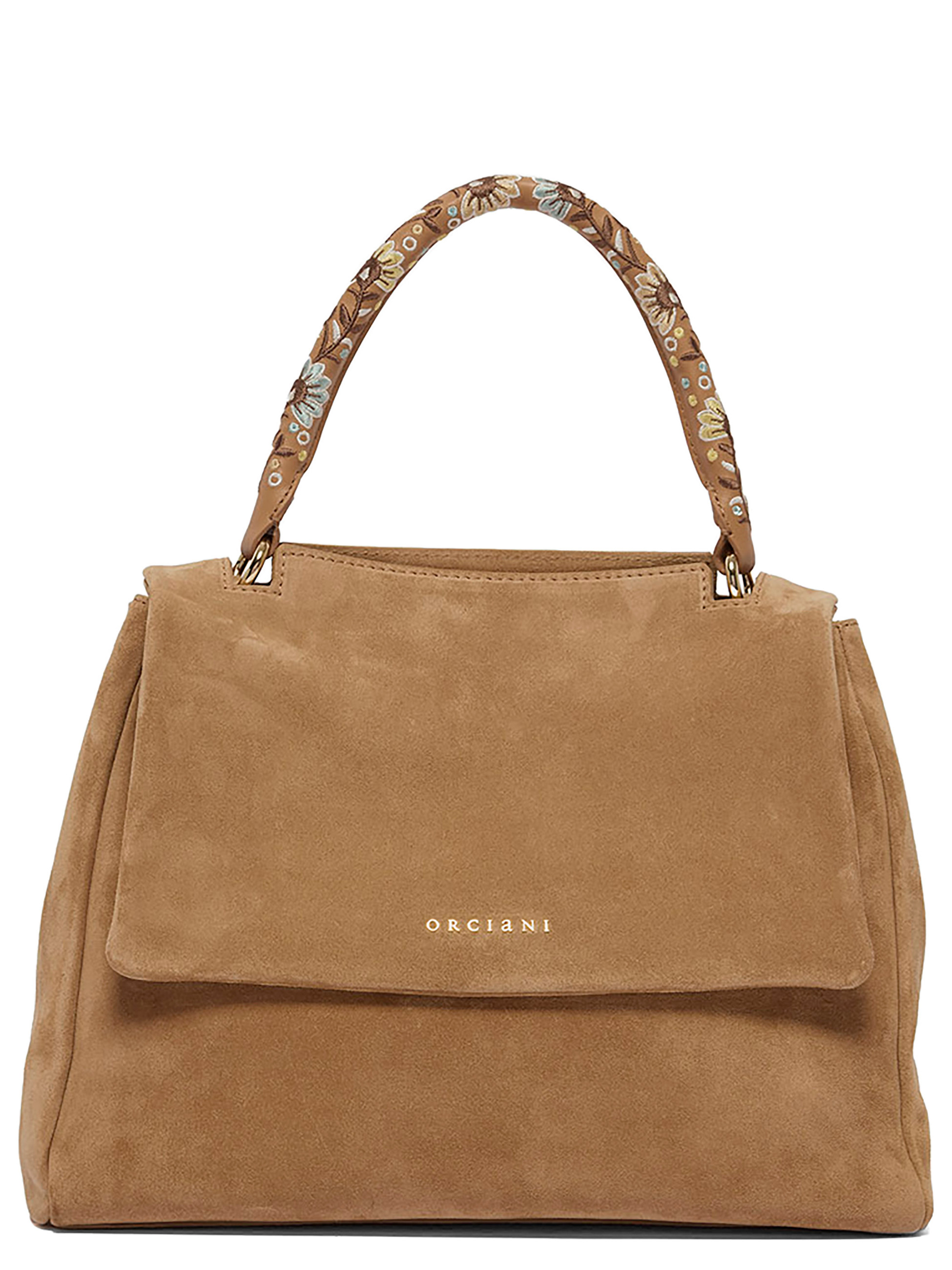 Borsa a spalla Orciani Sveva Peach Flowers Midi in suede biscotto