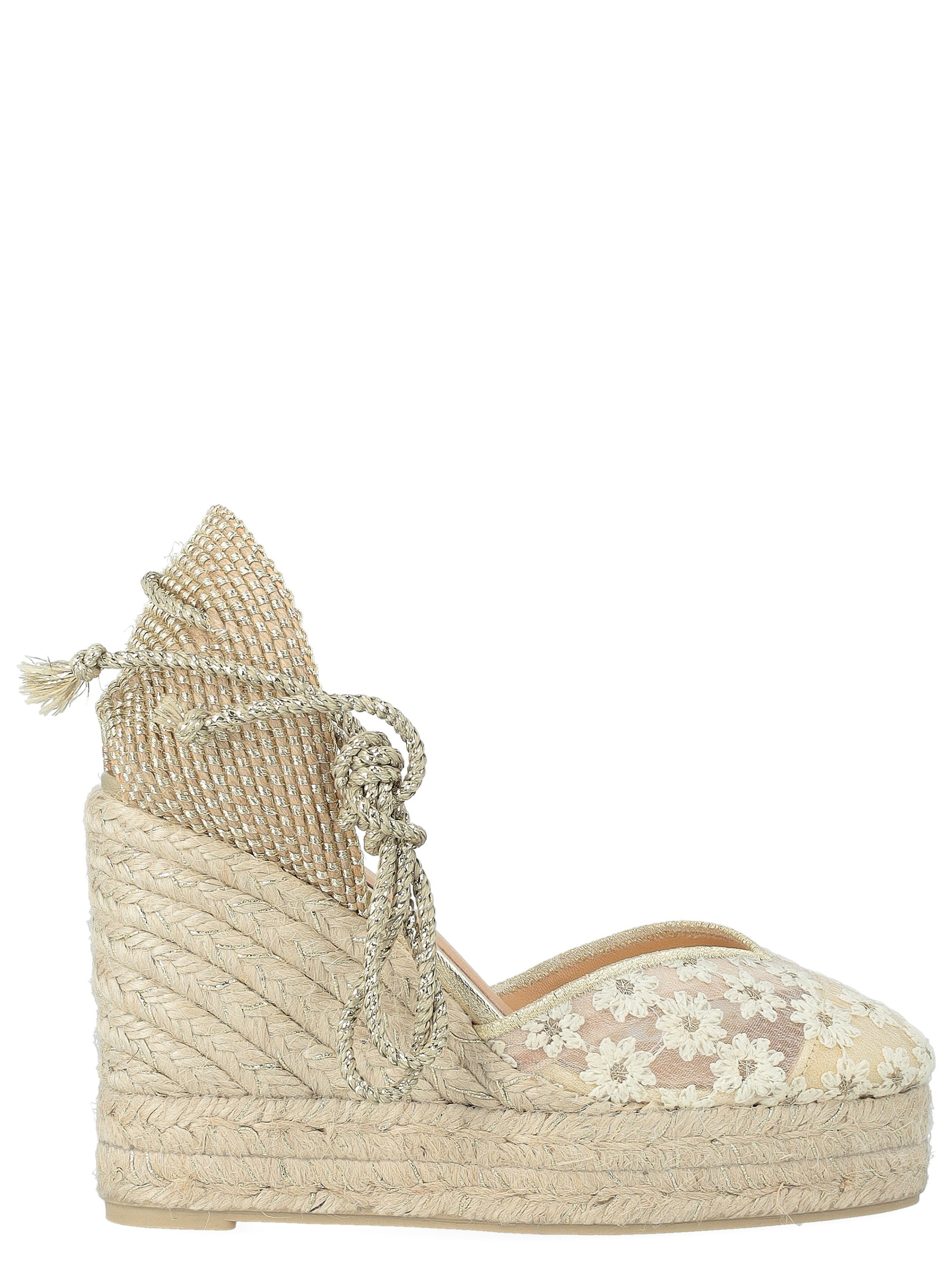 Espadrillas Castañer Clair in tessuto oro con motivo floreale