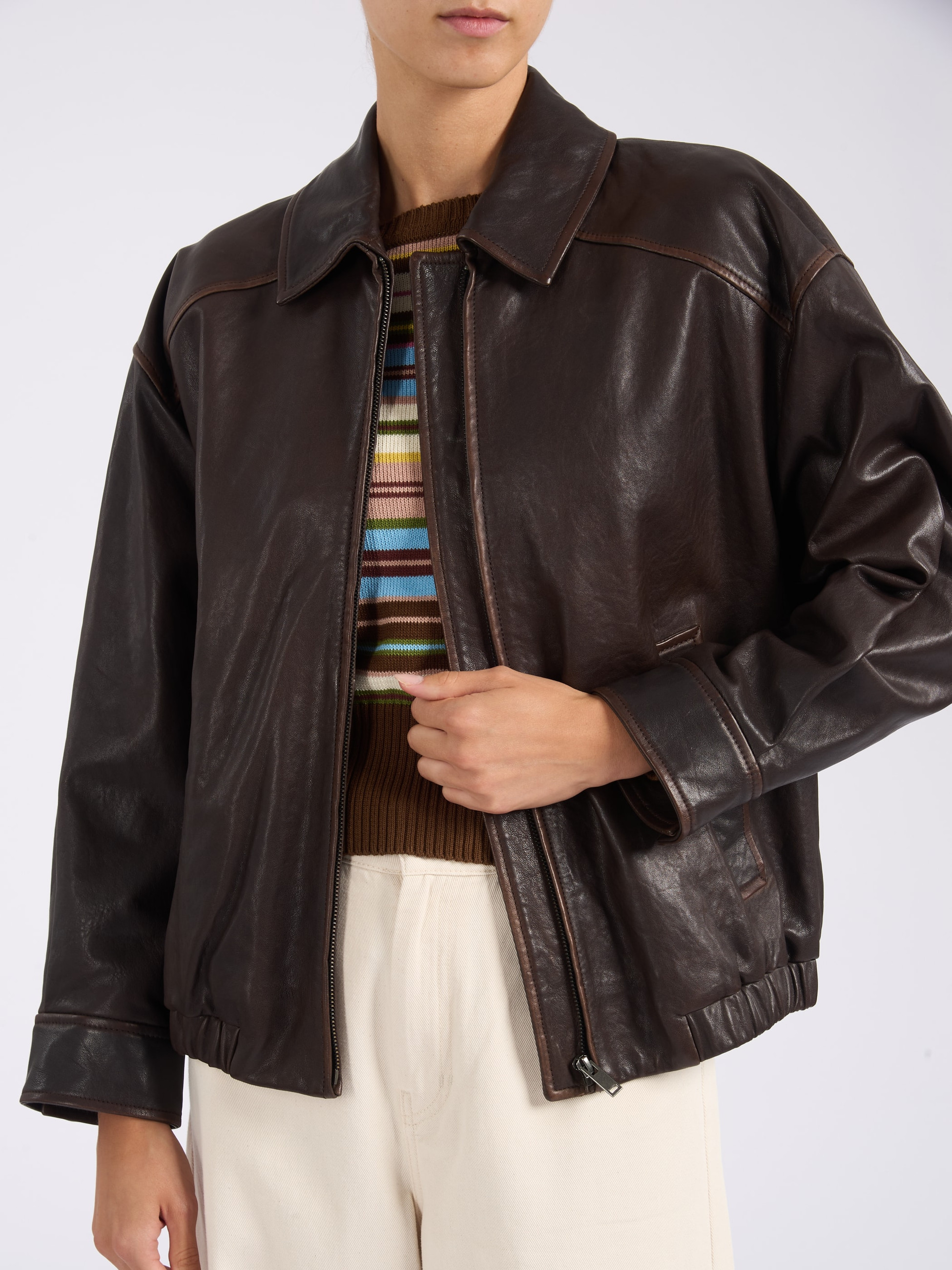 マロン Weekend Max Mara Bomber Jacket in Dark Brown Nappa Leather | H-Brands