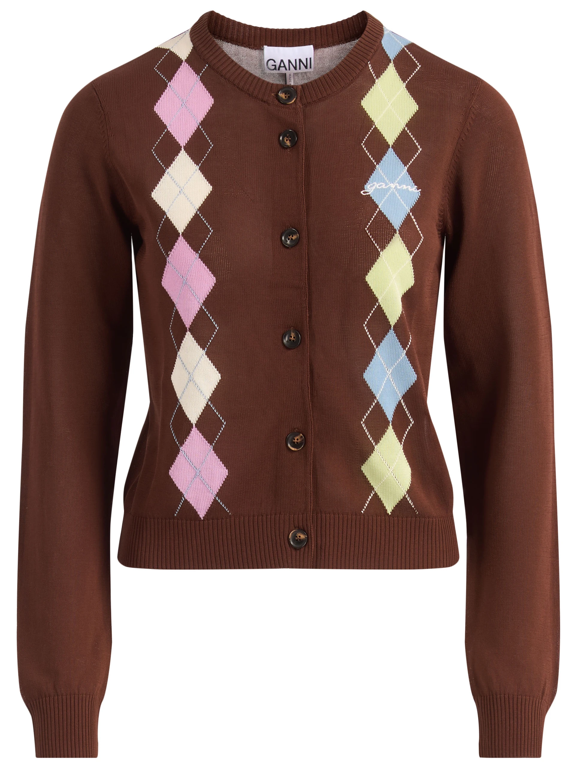 Cardigan Ganni in cotone marrone con stampa Argyle