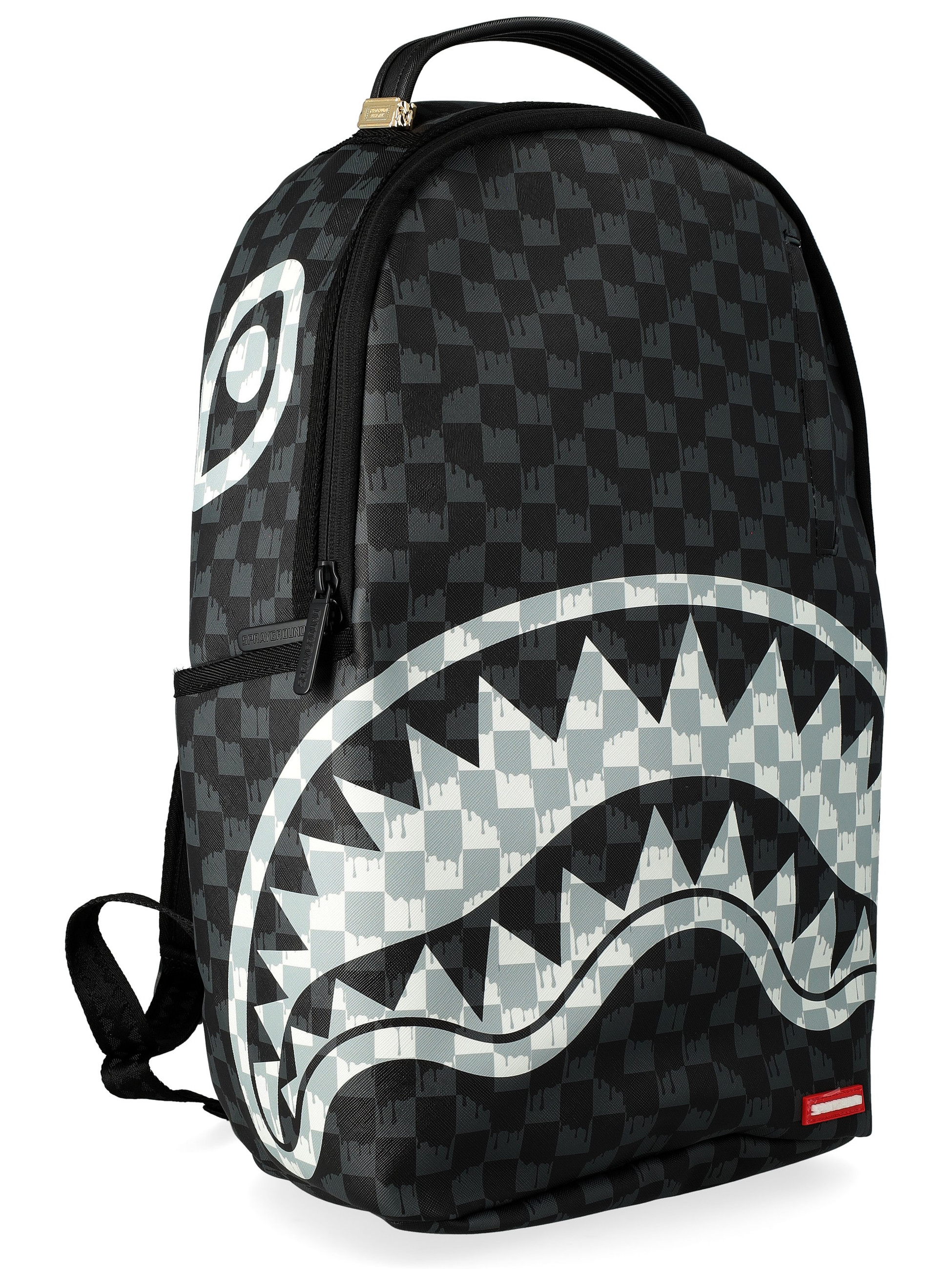 Sprayground and White Drip Check Shark Backpack in Black Vegan