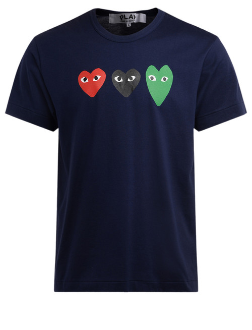 T-Shirt Comme Des Garçons PLAY aus blauer Baumwolle mit mehrfarbigen Herzen