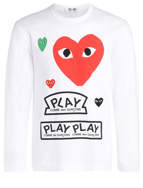 T-Shirt  Comme Des Garçons PLAY manches longues blanc avec cœur et logos rouges