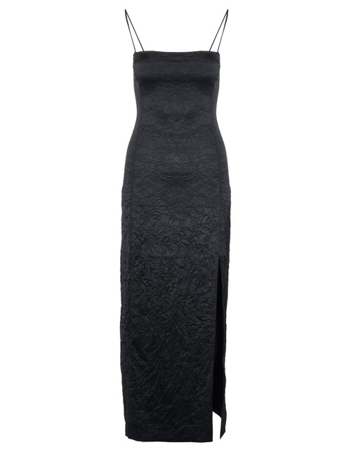 Vestido midi de satén negro arrugado Ganni