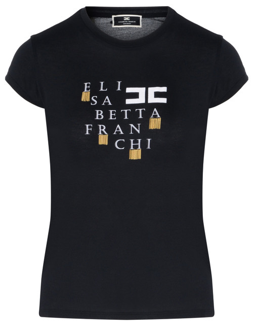 T-Shirt Elisabetta Franchi nera con logo e frange