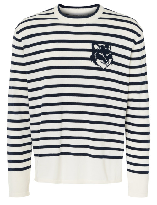 Maison Kitsuné Pull Fox Head Intarsia rayé blanc à bleu