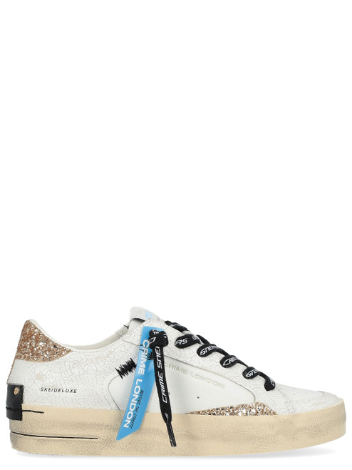 Zapatilla Crime London Sk8 Deluxe Golden Hour en piel blanca y purpurina