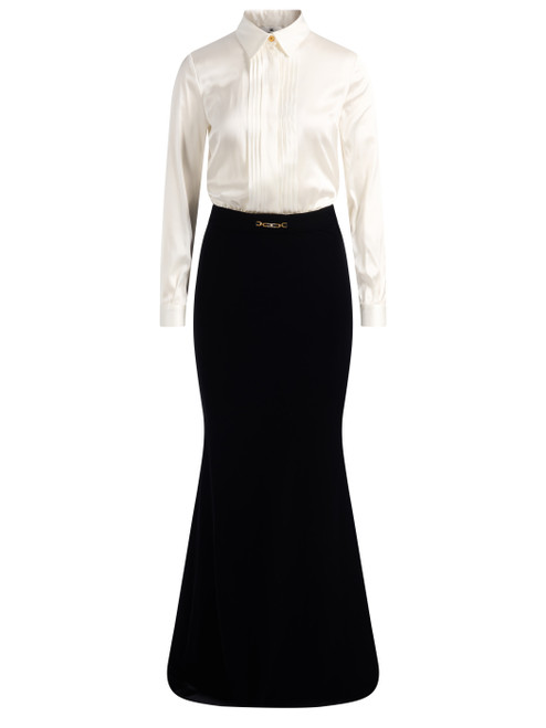 Vestido Elisabetta Franchi Red Carpet en satén y terciopelo marfil y negro 