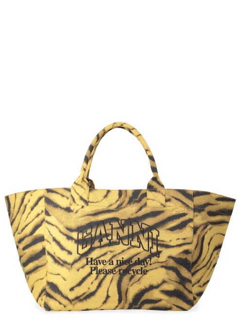 Borsa Ganni Tote XXL in cotone gialla con stampa zebra