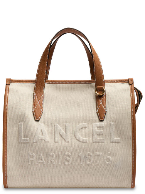 Borsa Lancel Tote M in cotone e pelle beige 