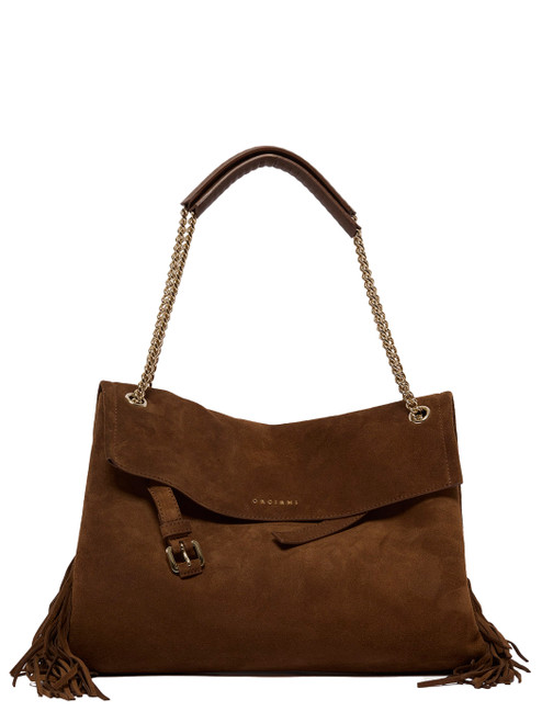 Borsa Orciani Venus Peach Fringe Midi in suede marrone