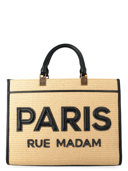 Borsa Rue Madame Straw in paglia color naturale con dettagli neri