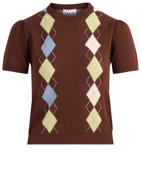 T-Shirt Ganni in cotone marrone con stampa Argyle