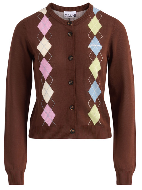 Cardigan Ganni in cotone marrone con stampa Argyle
