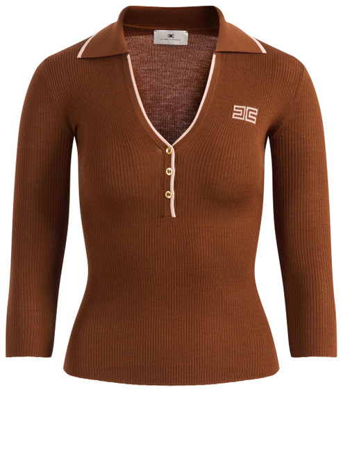 Polo a costine Elisabetta Franchi in maglia color sigaro