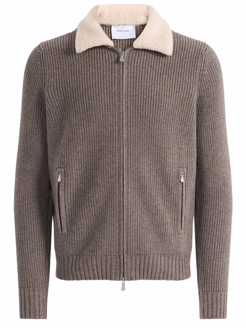 Cardigan Gran Sasso in lana marrone con collo in simil montone